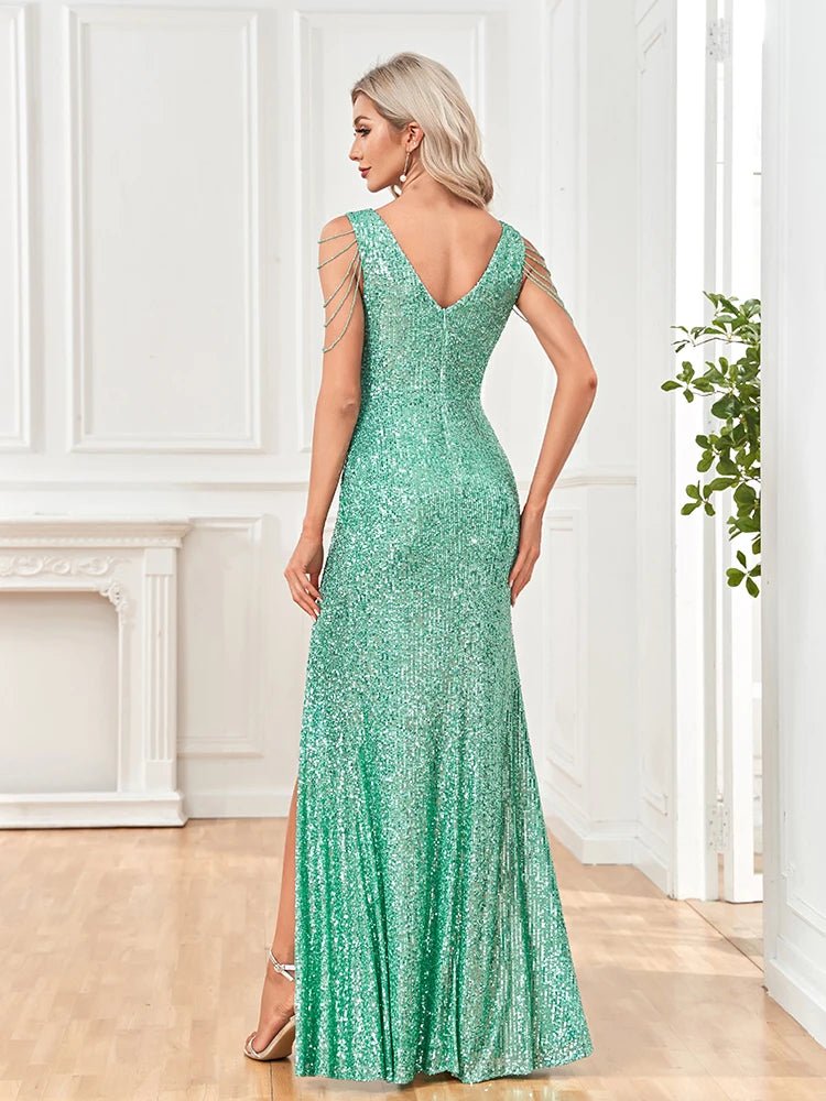 Elegant Deep V-Neck Sleeveless Sequin Long Dress