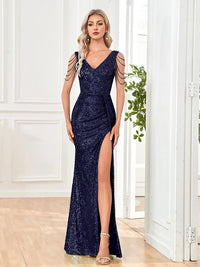 Navy Blue Elegant Deep V - Neck Sleeveless Sequin Long Dress S