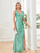 Mint Green Elegant Deep V - Neck Sleeveless Sequin Long Dress S