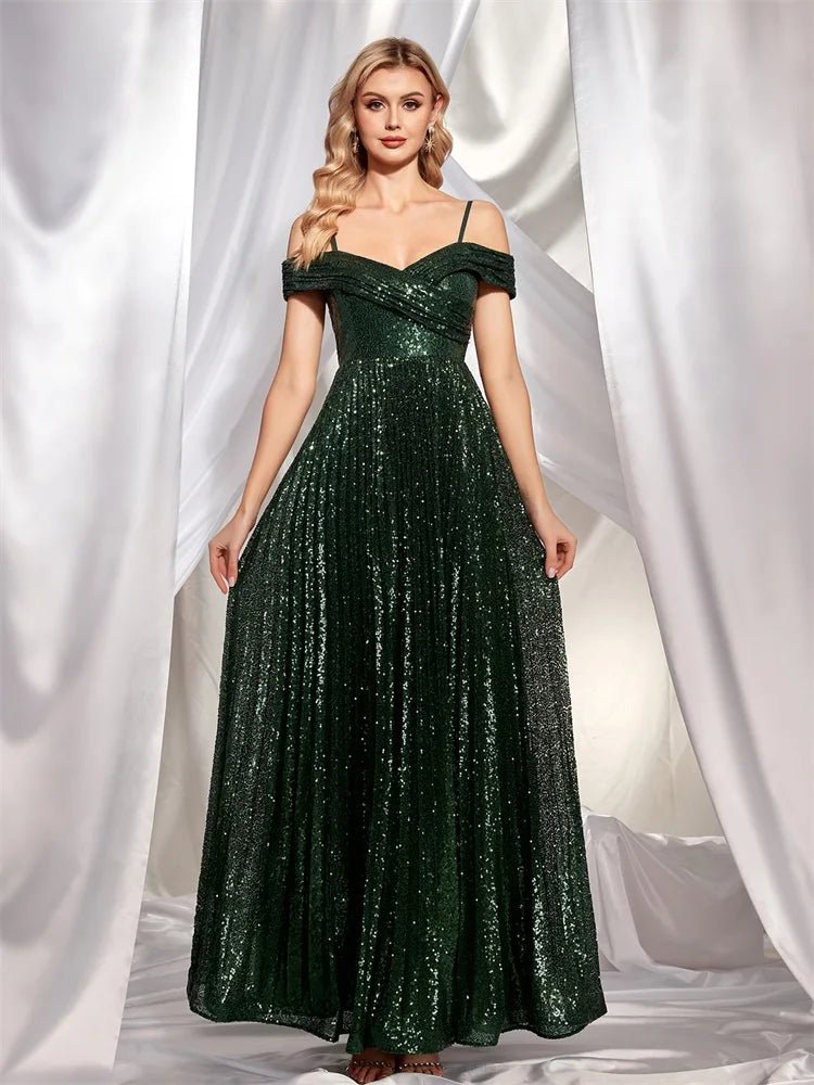 Elegant Green Off The Shoulder Sequin Evening Dress