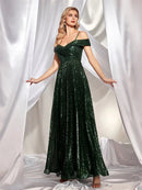 Dark Green Elegant Green Off The Shoulder Sequin Prom Dress S