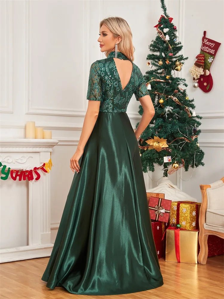 Elegant Green Short Sleeve Formal Evening Dress