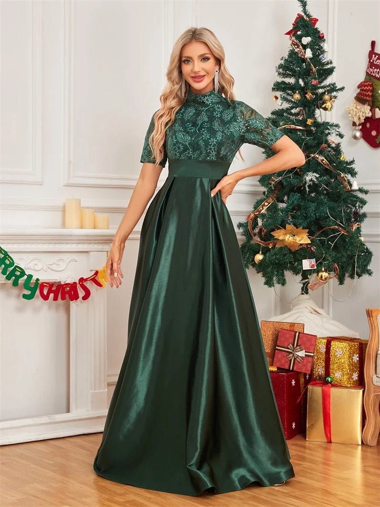 Elegant Green Short Sleeve Formal Evening Dress