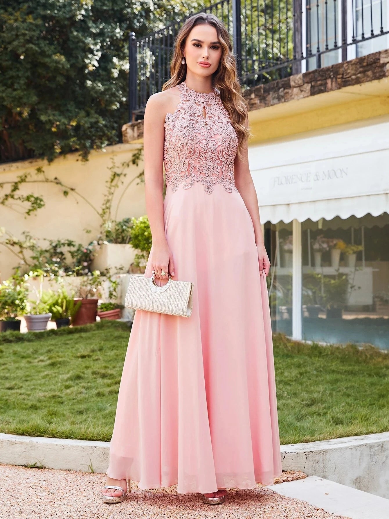 Elegant Halter Neck Bridesmaid Dress With Beaded Bodice