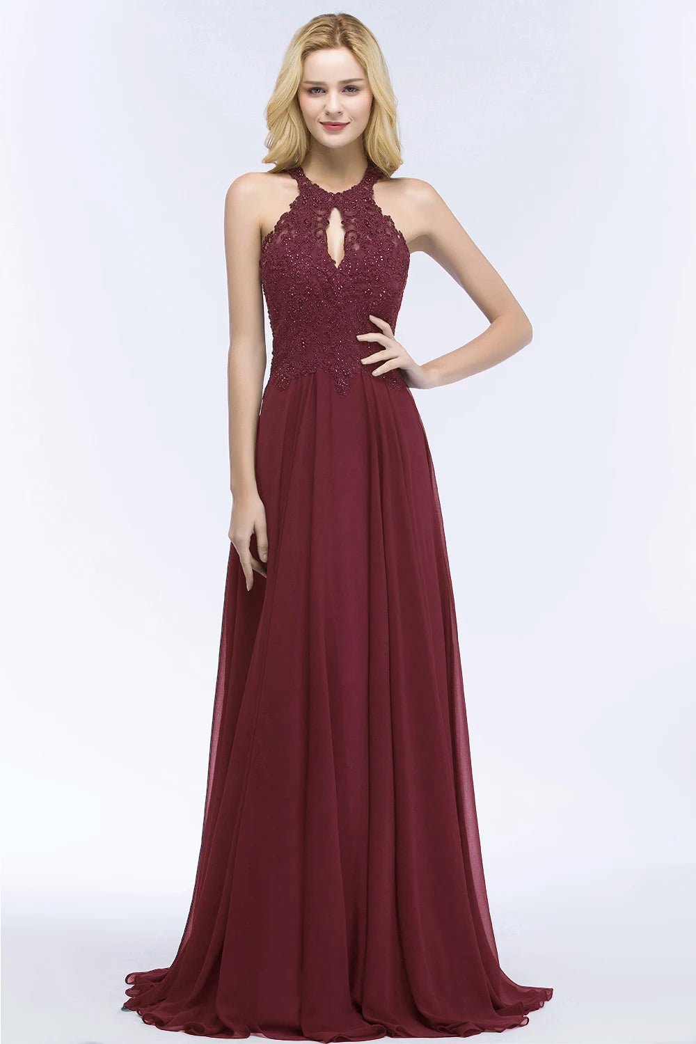 Burgundy Elegant Halter Neck Bridesmaid Dress With Beaded Bodice 2