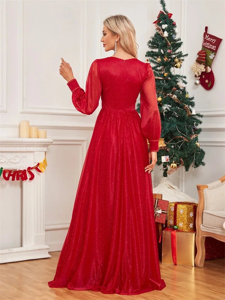 Elegant Long Sleeve Red Chiffon Evening Dress