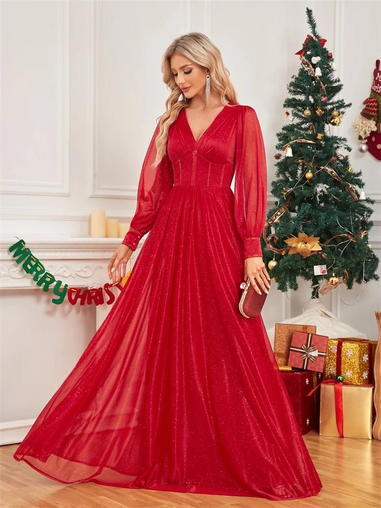 Elegant Long Sleeve Red Chiffon Evening Dress