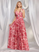 Elegant pleated chiffon dress in soft pink, perfect for wedding guests.