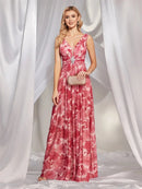 Elegant pleated chiffon wedding guest dress in soft blush, size M.