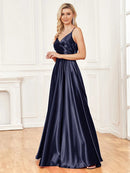 Elegant blue satin V-neck backless prom dress, size M, luxurious shine.