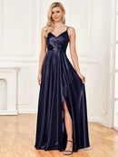 Elegant satin v-neck backless prom dress in deep emerald green, size M.