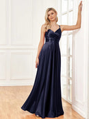 Elegant satin v-neck backless prom dress in royal blue, size M.