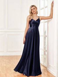 Elegant satin v-neck backless prom dress in royal blue, size M.