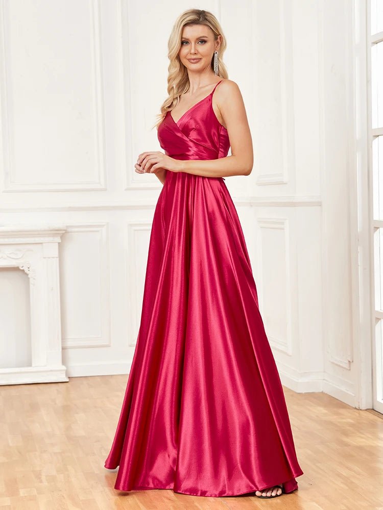 Elegant satin V-neck backless prom dress in deep navy, size M.