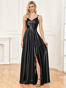 Elegant satin v-neck black backless prom dress, size M, soft texture.