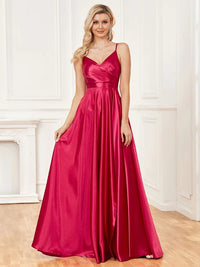 Elegant satin V-neck backless prom dress in deep burgundy, size M.