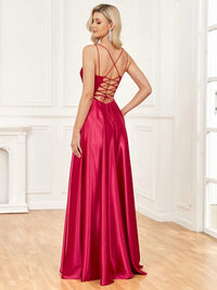 Elegant satin v-neck backless prom dress in deep navy, size M.