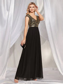 Elegant cap sleeve chiffon evening gown with sequins, navy blue, size M.