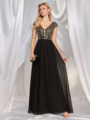 Elegant navy blue chiffon evening gown with cap sleeves and sequins.