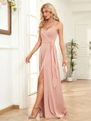 Pink Elegant Sexy Deep V - neck Chiffon Bridesmaid Dress S