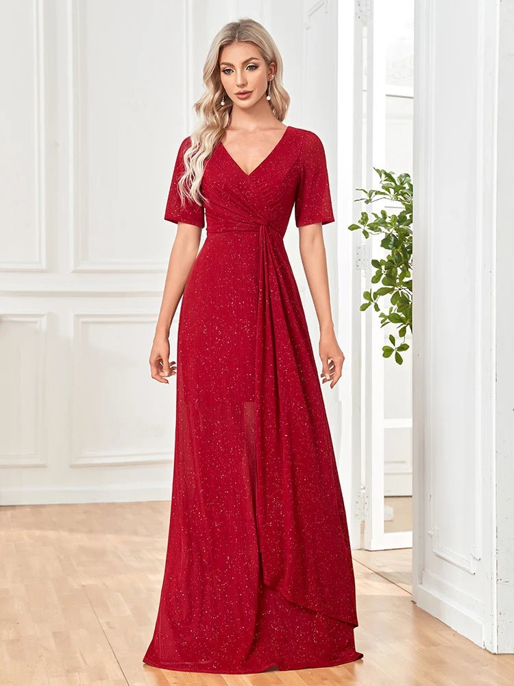 Elegant Shining V-Neck Pleated Formal Evening Gown