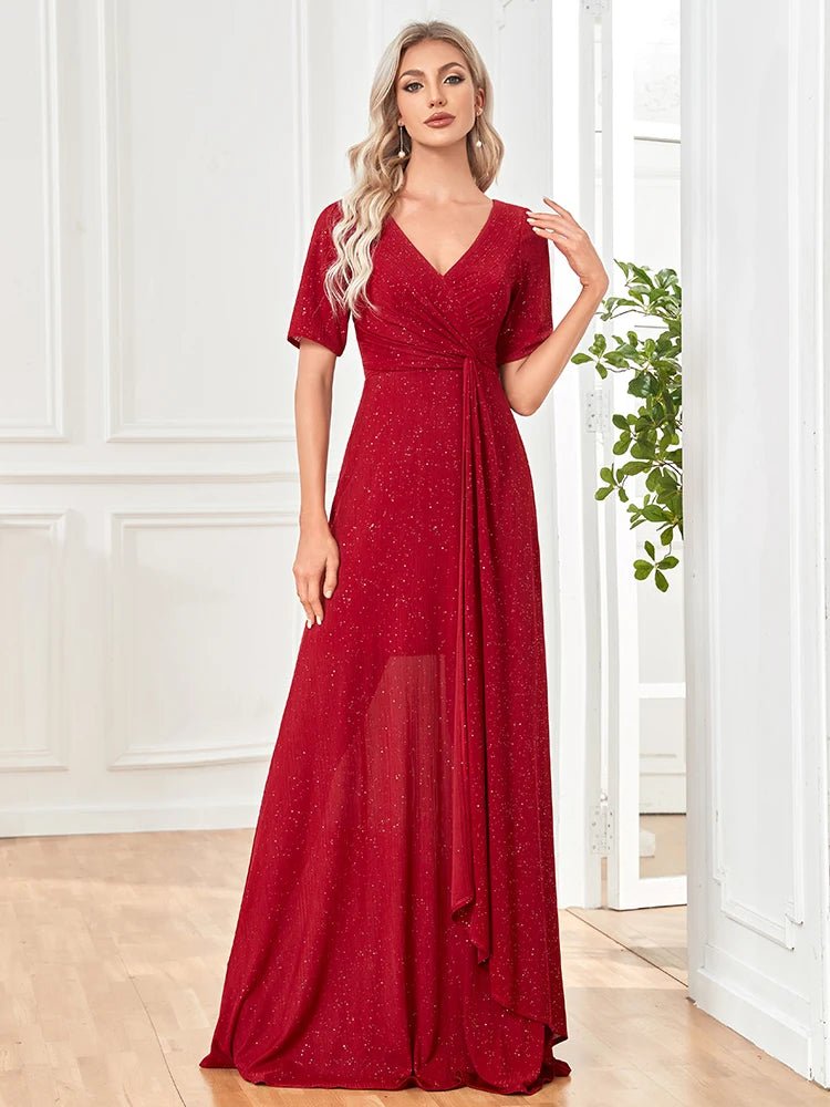 Elegant Shining V-Neck Pleated Formal Evening Gown