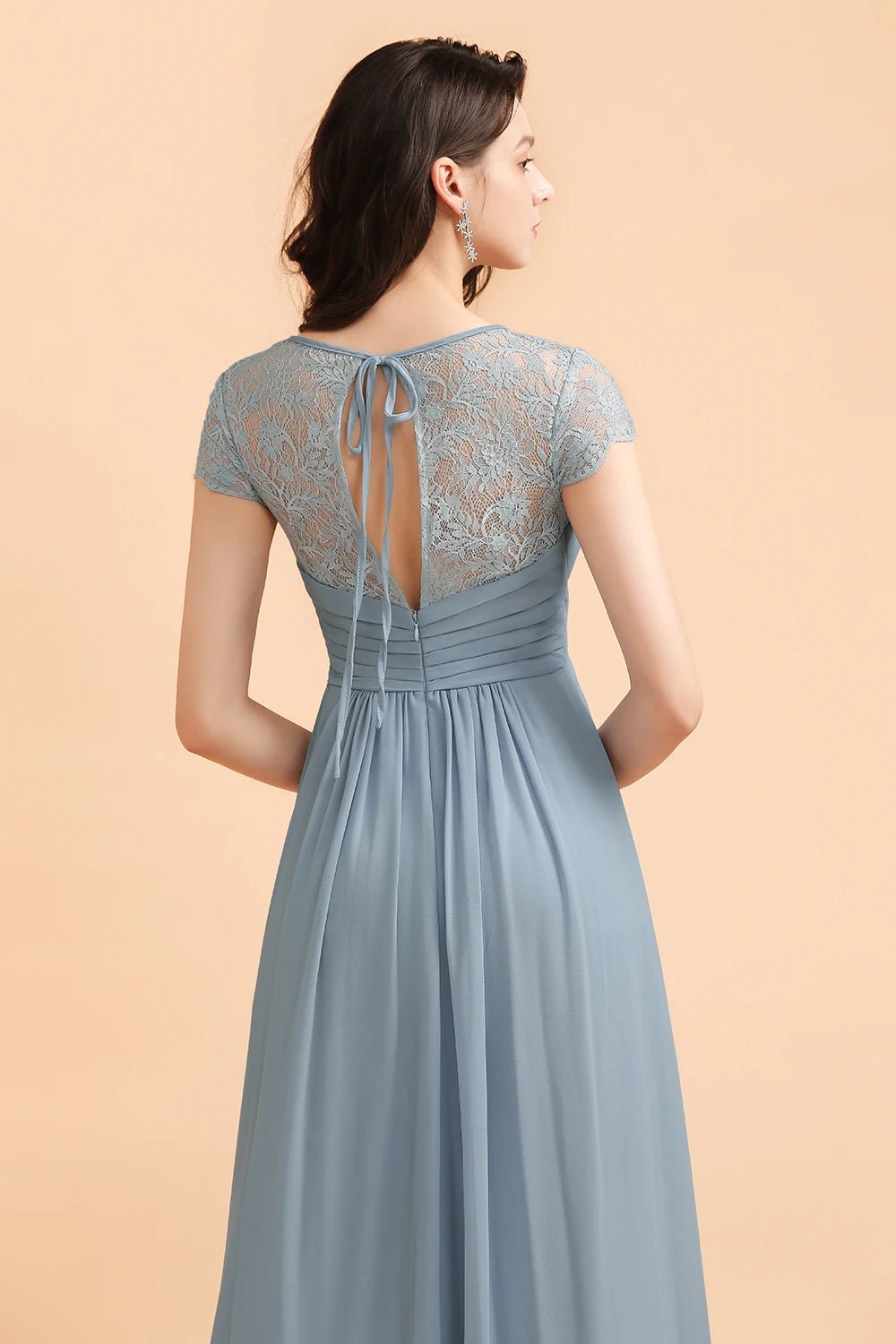 Elegant Short Sleeves Dusty Blue Long Bridesmaid Dress