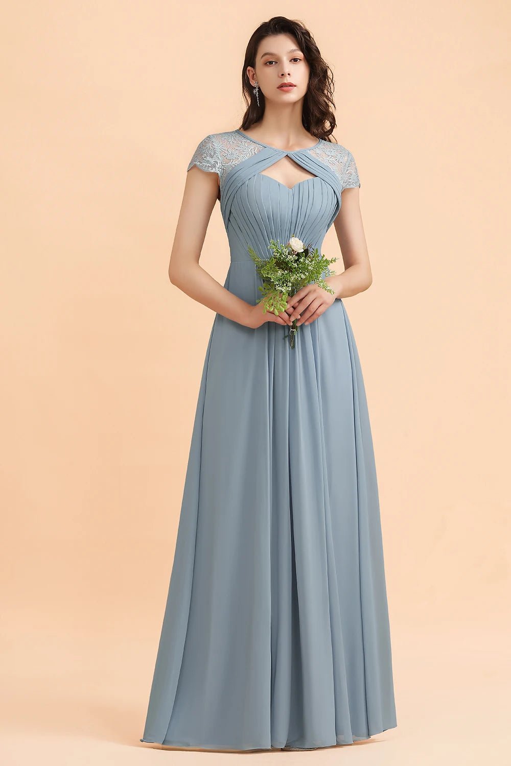 Elegant Short Sleeves Dusty Blue Long Bridesmaid Dress