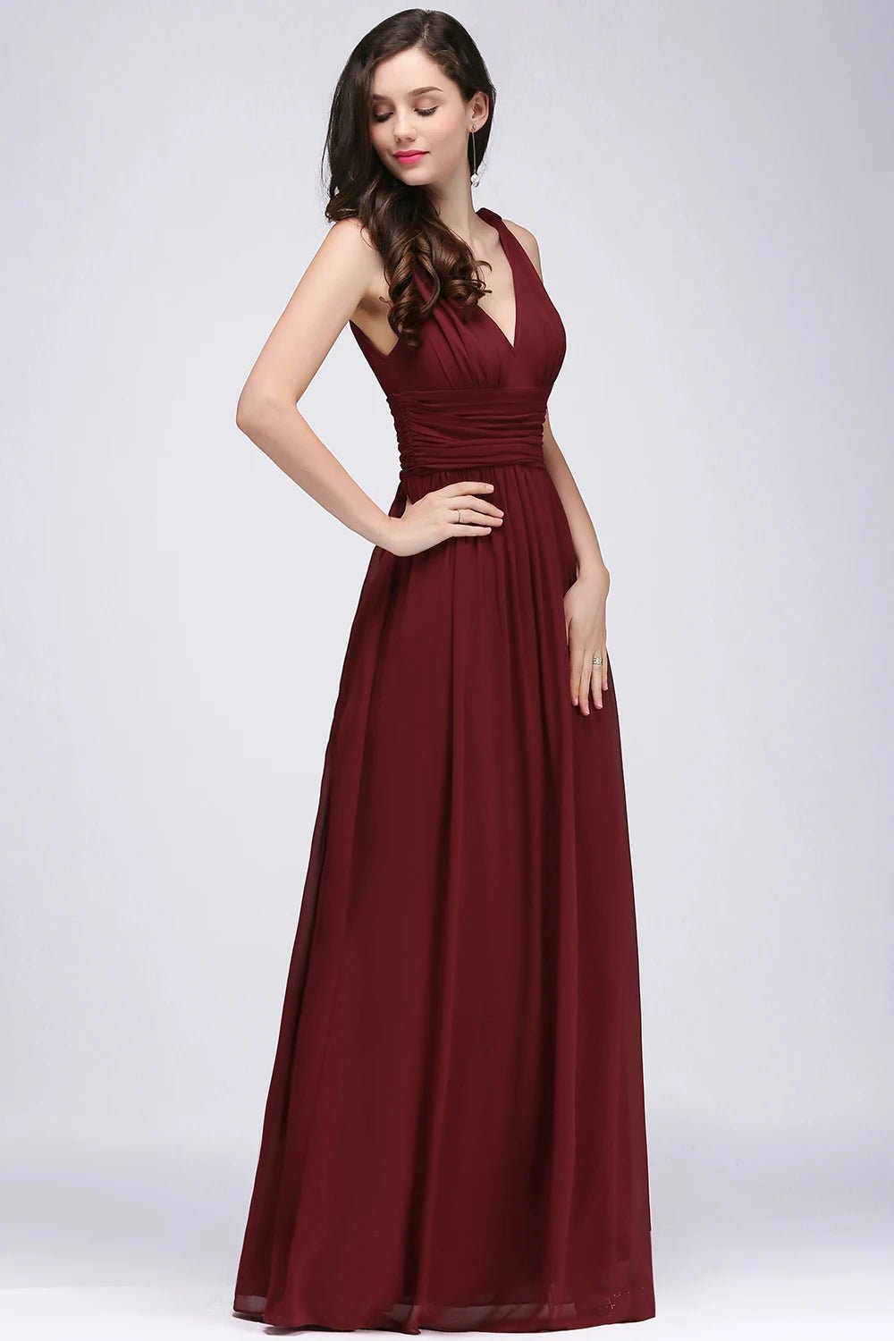 Burgundy Elegant Sleeveless V - Neck Chiffon i Bridesmaid Dress 2