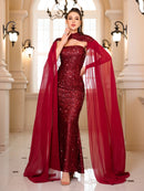 Burgundy Elegant Strapless Sequin Prom Dresses S