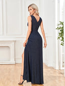 Elegant v-neck evening dress in deep red, high split, long size, by brand.