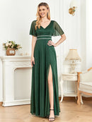 Dark Green Elegant V - Neck Short Sleeves Chiffon Bridesmaid Dress S