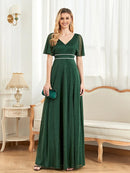 Dark Green Elegant V - Neck Short Sleeves Chiffon Bridesmaid Dress S