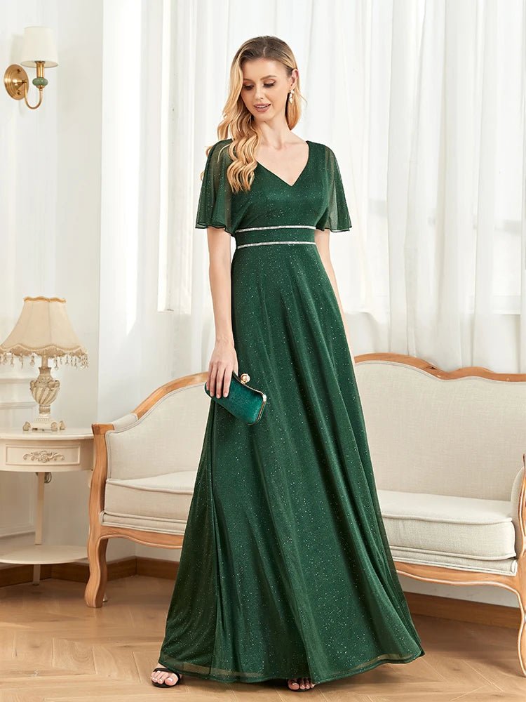 Dark Green Elegant V - Neck Short Sleeves Chiffon Bridesmaid Dress S