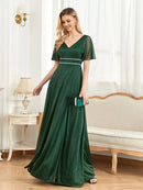 Dark Green Elegant V - Neck Short Sleeves Chiffon Bridesmaid Dress S