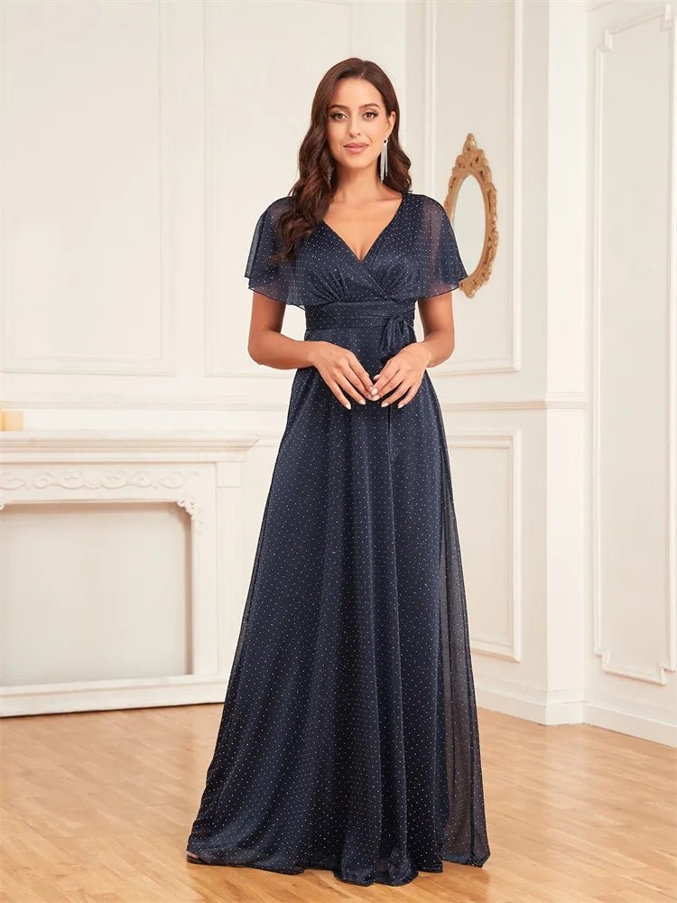 Elegant V-Neck Short Sleeves Navy Bridesmaid Dress