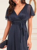 Navy Blue Elegant V - Neck Short Sleeves Navy Bridesmaid Dress S