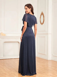 Navy Blue Elegant V - Neck Short Sleeves Navy Bridesmaid Dress S