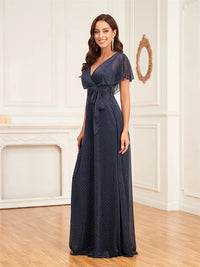 Navy Blue Elegant V - Neck Short Sleeves Navy Bridesmaid Dress S