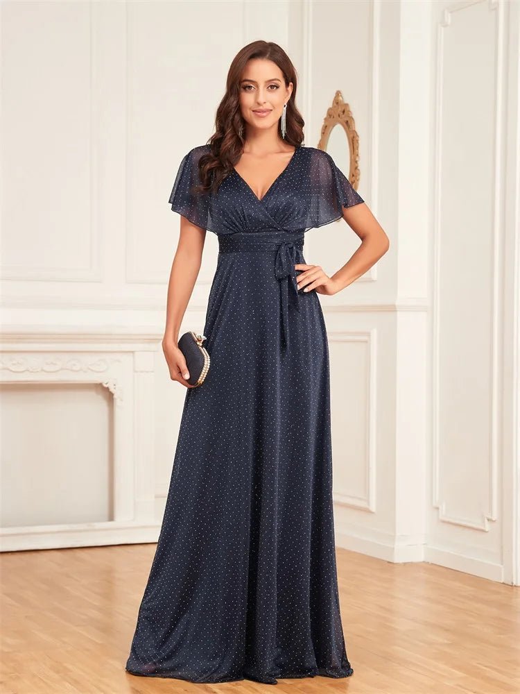 Navy Blue Elegant V - Neck Short Sleeves Navy Bridesmaid Dress S