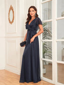 Navy Blue Elegant V - Neck Short Sleeves Navy Bridesmaid Dress S