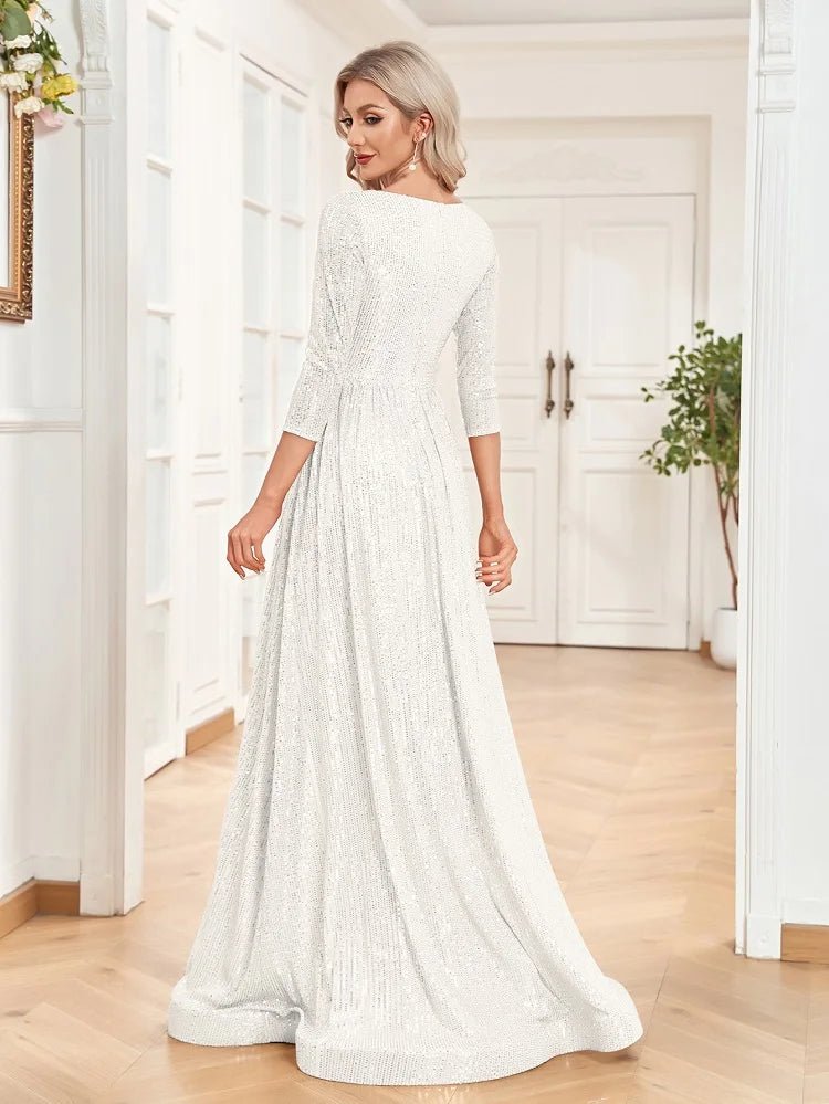 Elegant White V-Neck Evening Gown With 3/4 Sleeves