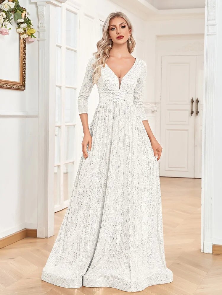 Elegant White V-Neck Evening Gown With 3/4 Sleeves