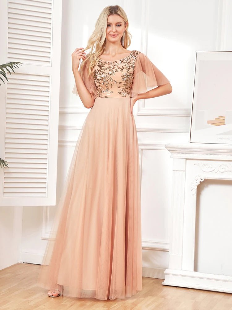 Embellished Bodice Flared Short Sleeve Formal Evening Dress