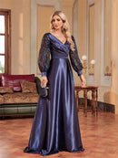 Navy Blue Embellished Long Sleeve Sequin Evening Dress S