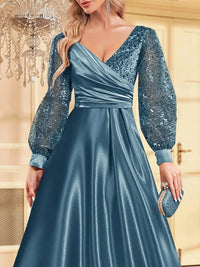 Light Blue Embellished Long Sleeve Sequin Evening Dress S