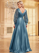 Light Blue Embellished Long Sleeve Sequin Evening Dress S