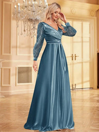 Light Blue Embellished Long Sleeve Sequin Evening Dress S