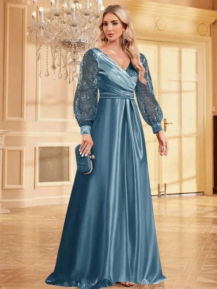 Light Blue Embellished Long Sleeve Sequin Evening Dress S