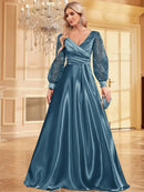 Light Blue Embellished Long Sleeve Sequin Evening Dress S